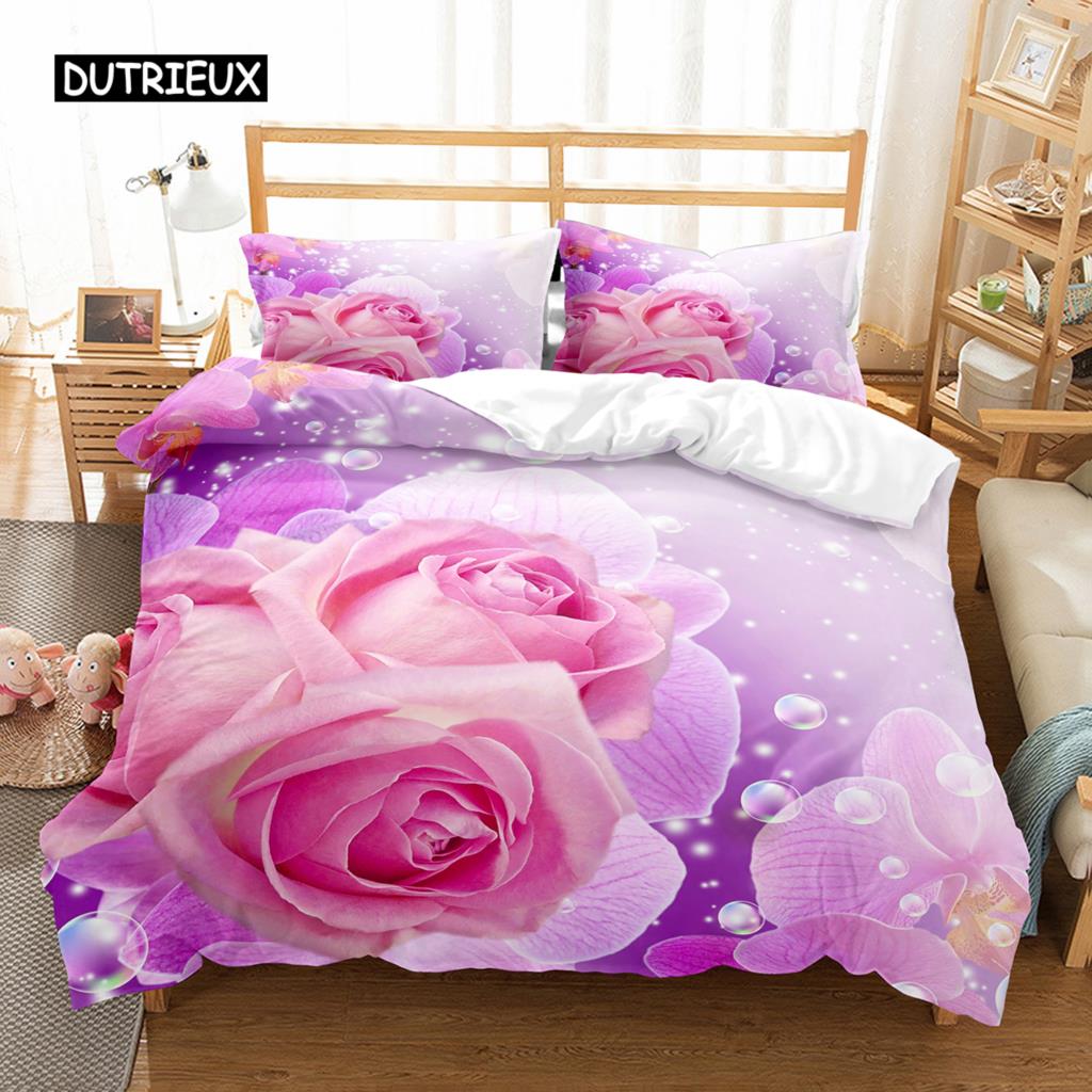 Husă de Plapumă Romantică Rose Twin Queen Set de Lenjerie de Pat Floral Microfibră Flori Înflorite Husă de Plapumă Pentru Ziua Îndrăgostiților Decor Nuntă