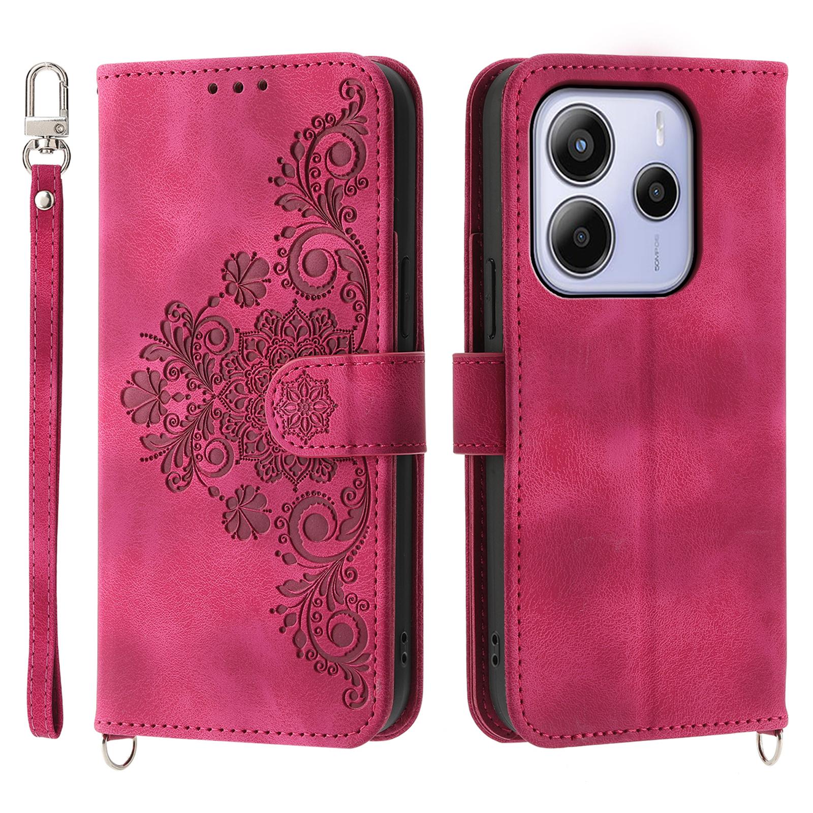 

Для Xiaomi Redmi Note 14 4G (163,25 мм) Чехол-кошелек из искусственной кожи с цветочным узором и ремешком Wine Red