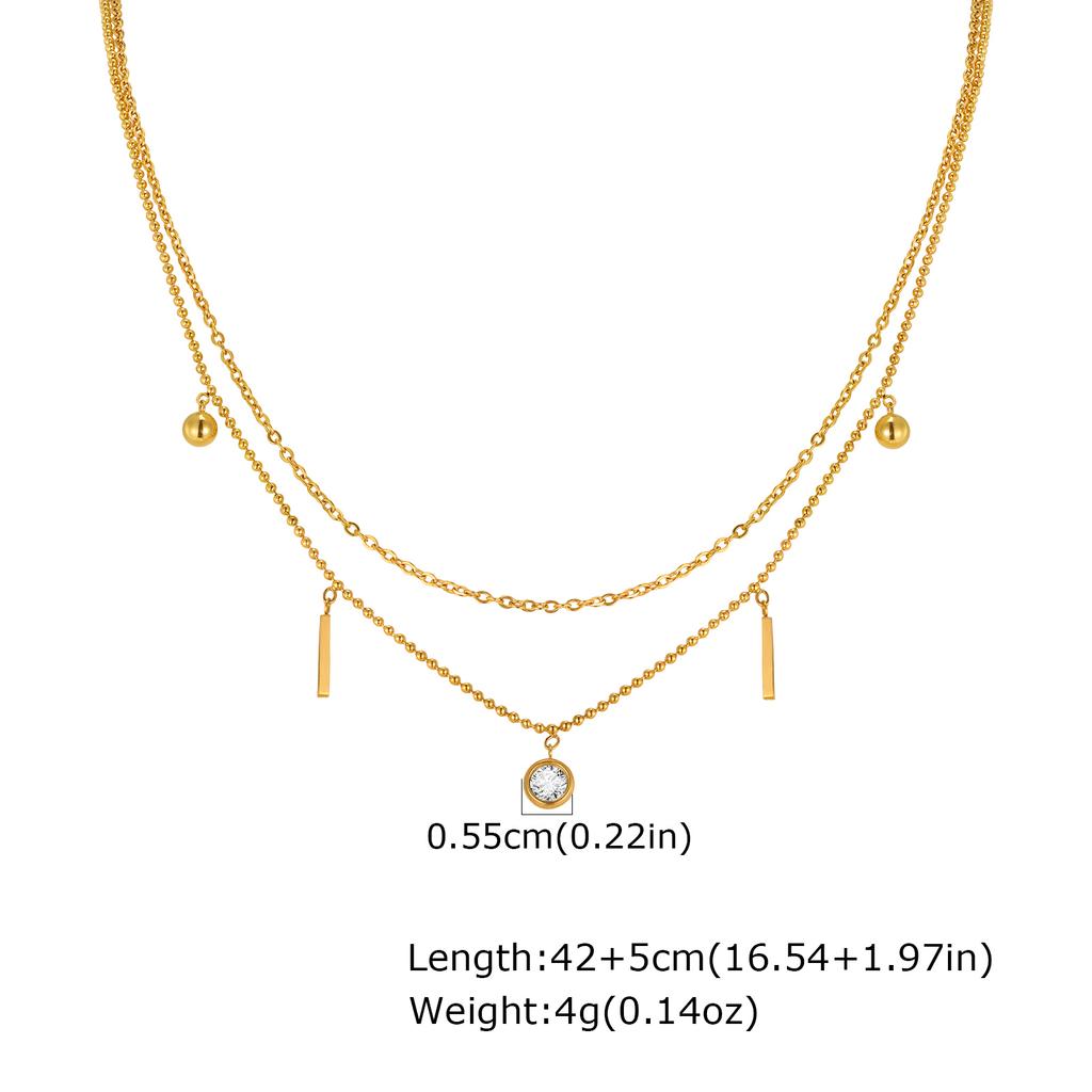Trendy Stainless Steel Zircon Double-Layer Necklace, Gold Plated Beads Chain Charm Necklace, Luxury Delicate Jewelry for Women