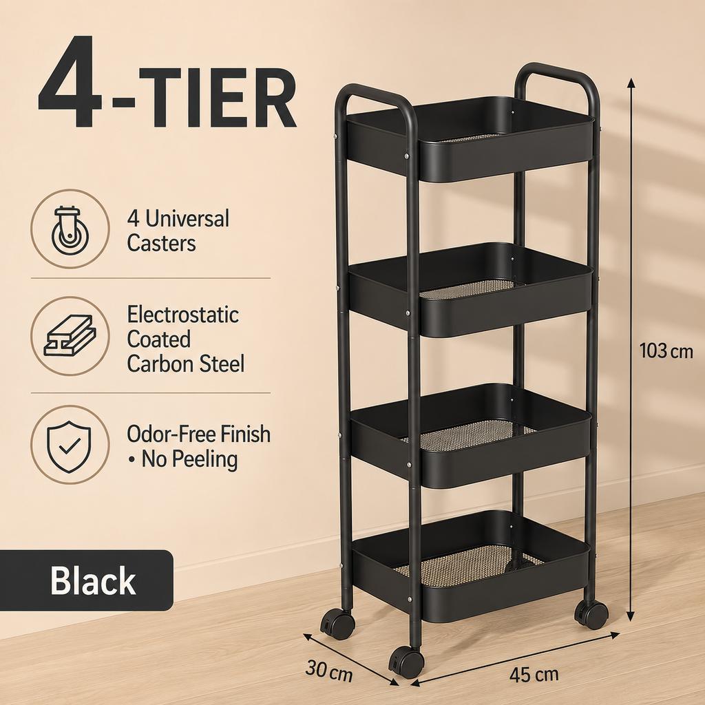 Rolling Storage Cart Multi-Tier Floor Carbon Steel Organizer Rack with Wheels for Kitchen Bathroom Dorm Room