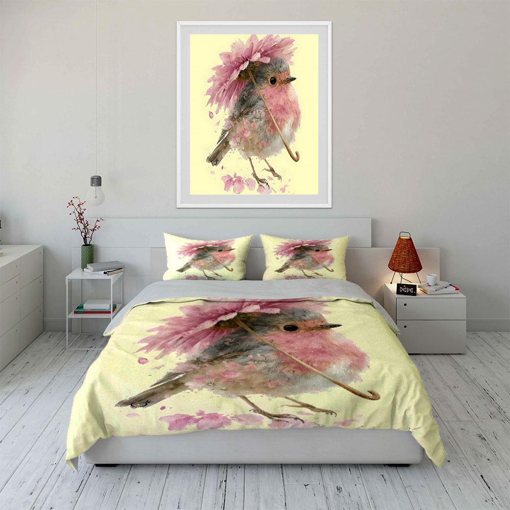 Floral Bird Art Set Decor Bedding Set with 1 Duvet Cover 2 Pillowcases Single Double King Queen, Gift