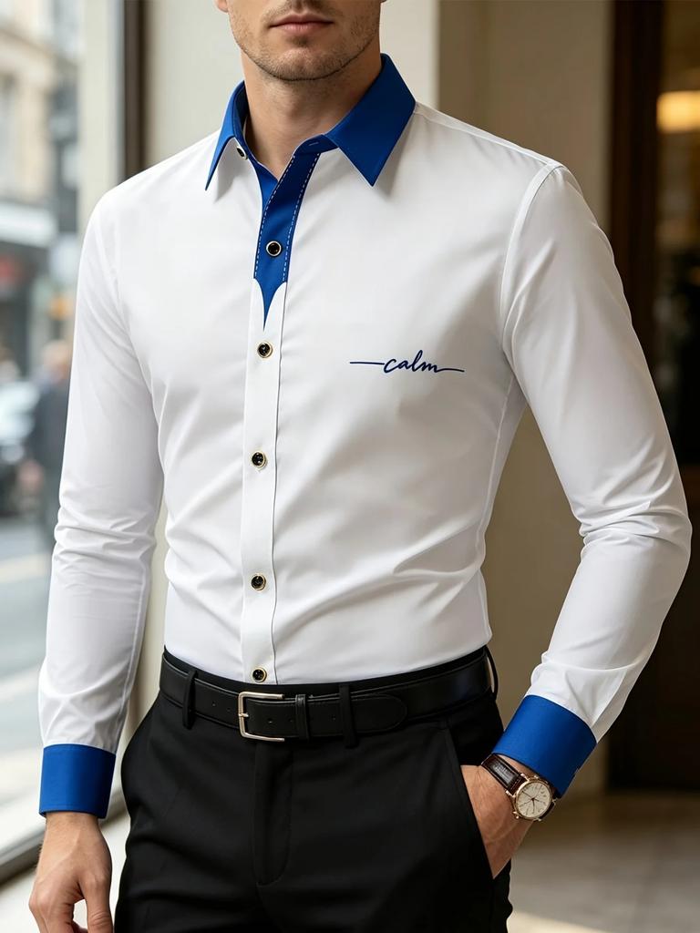 Slim Fit Men's Long Sleeve Shirt with 'calm' Embroidery, Formal Style