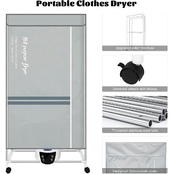 Electric Clothes Dryer with Remote Control and Timer, 1300W Large Capacity 2-Tier Heated Airer with Cover, Indoor Foldable Drying Rack, Overheat