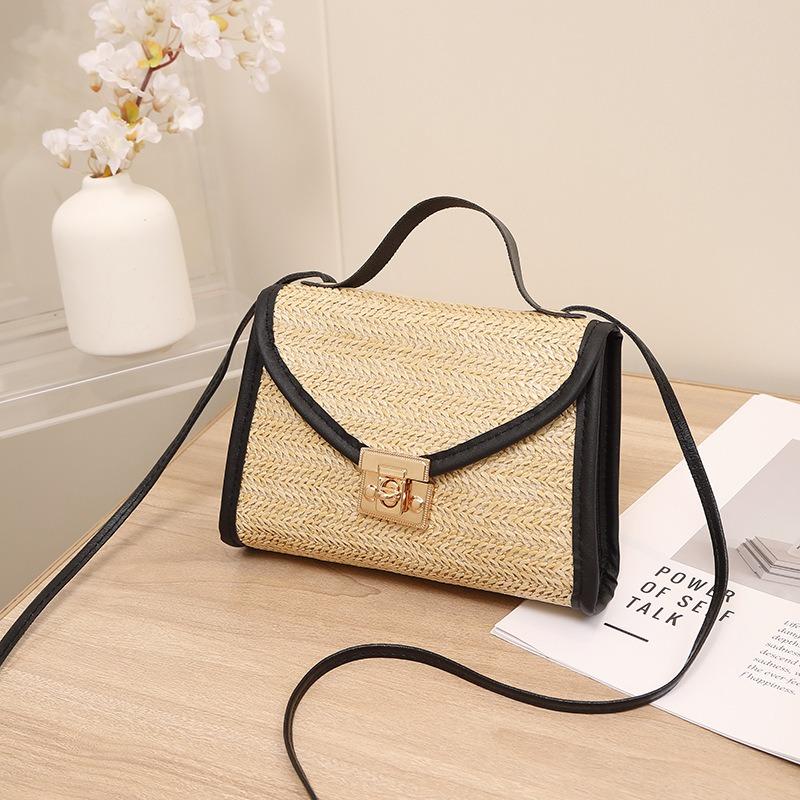 Straw Bag New Lock Metal Small Square Bag Women's Bag Fashion Casual Simple Shoulder Bag Mobile Phone Bag