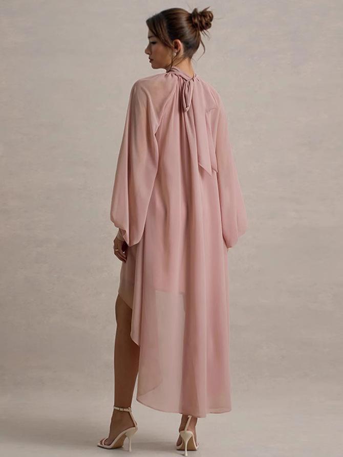 Elegant Women's Long Sleeve High Neck Pleated Dress