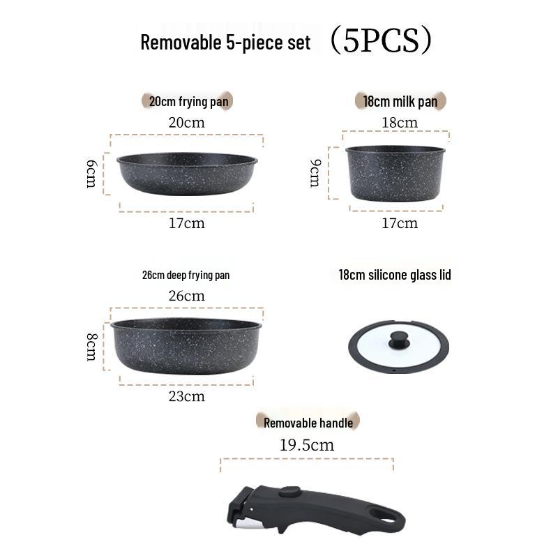 Detachable Handle Non-Stick Maifan Stone Cookware Set: Stir-Fry & Flat-Bottomed Pan for Induction Cookers.