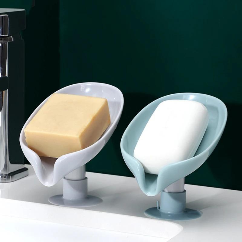 Punch-free Easy-to-clean Shower Soap Box Leaf-shaped Self-draining Soap Holder Bathroom with Suction Cup Soap Dish
