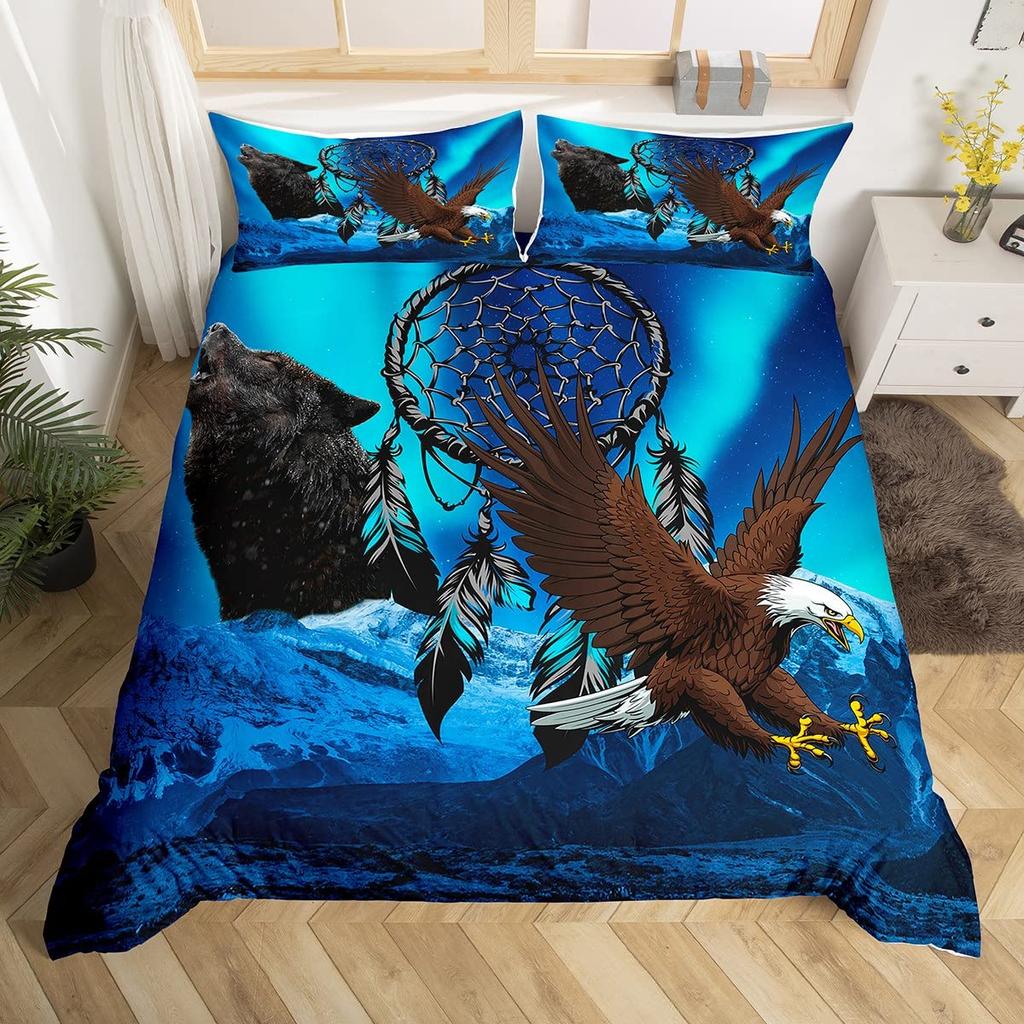 Geometric Eagle Duvet Cover Sets Full Size,Gold Starry Galaxy Bedding Set 3pcs,Abstract Mountain View Nature Animals Quilt Cove