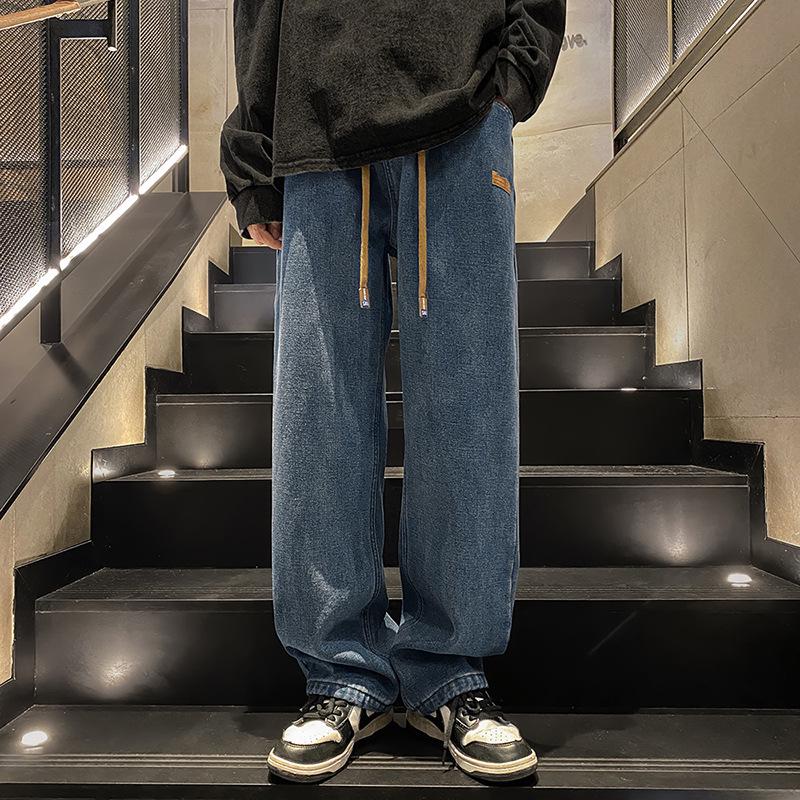 UrbanEdge Men's Trendy Versatile Drawstring Jeans: Spring & Autumn Loose Straight Wide-Leg High-Street Casual Pants XL