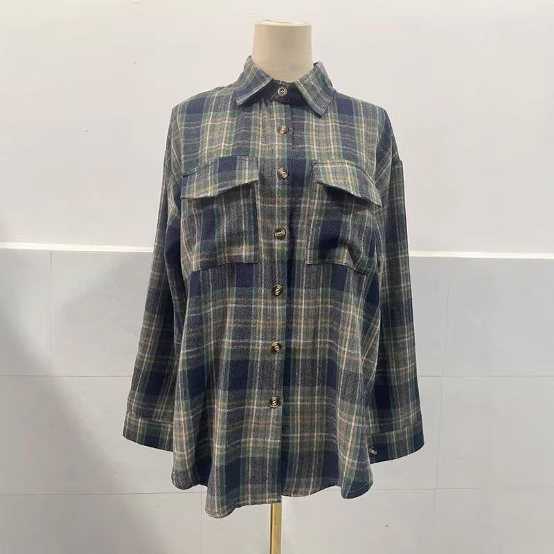 2025 Women's Cross-Border European and American Loose Plaid Pocket Shirt - Autumn/Winter Casual Fashion.