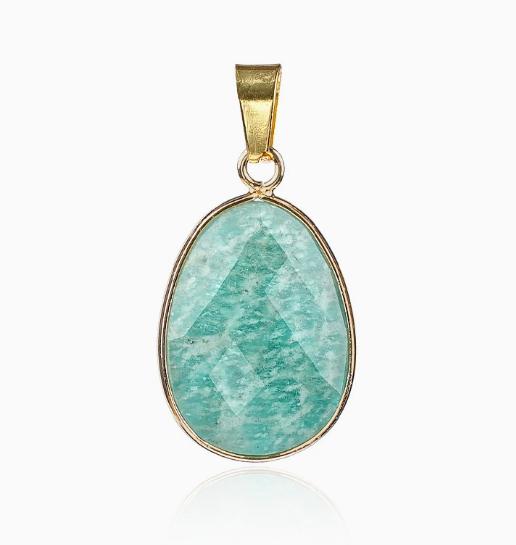 Natural Gemstone Drop Pendant Gold Edge Gemstone Faceted Oval Charm Semi-precious Crystal Necklace Pendant Amethyst Quartz Agate