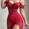 Sexy lace lingerie mesh perspective split suspender dress women
