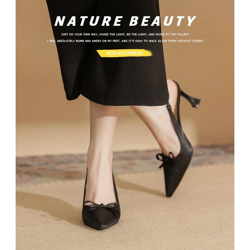 73216 [sheepskin] High Heels Women's Stiletto 2025 New Pointed Empty Sandals Temperament Bow Single Shoes