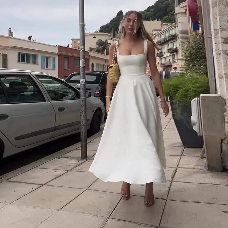 2024 Sommer Europäisches & Amerikanisches Schlichtes Sexy Midilanges Schlankmachendes Trägerkleid