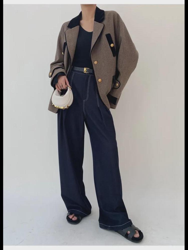 Autumn Winter Fashion Womens Woolen Twill Velvet Jacket Coat with Contrast Stitching