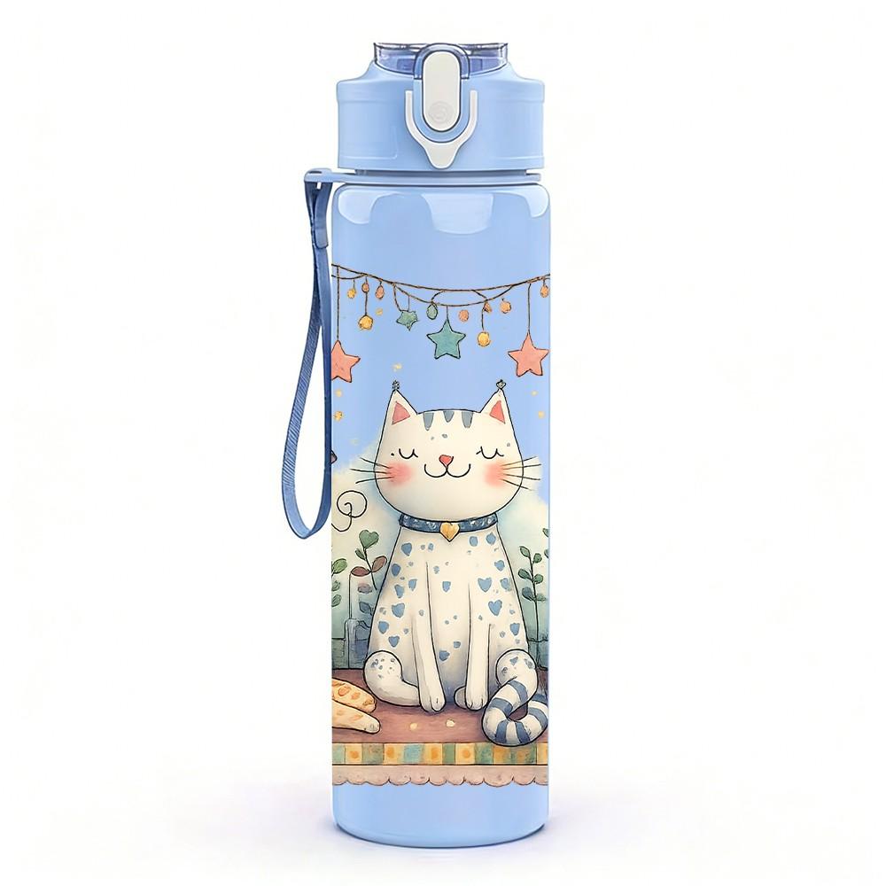 1PC Festive Cat Night Sky Cartoon Print 750ml Color Plastic Sports Water Bottle Leakproof Flip Straw Lid Suitable for Sports Office Home Use