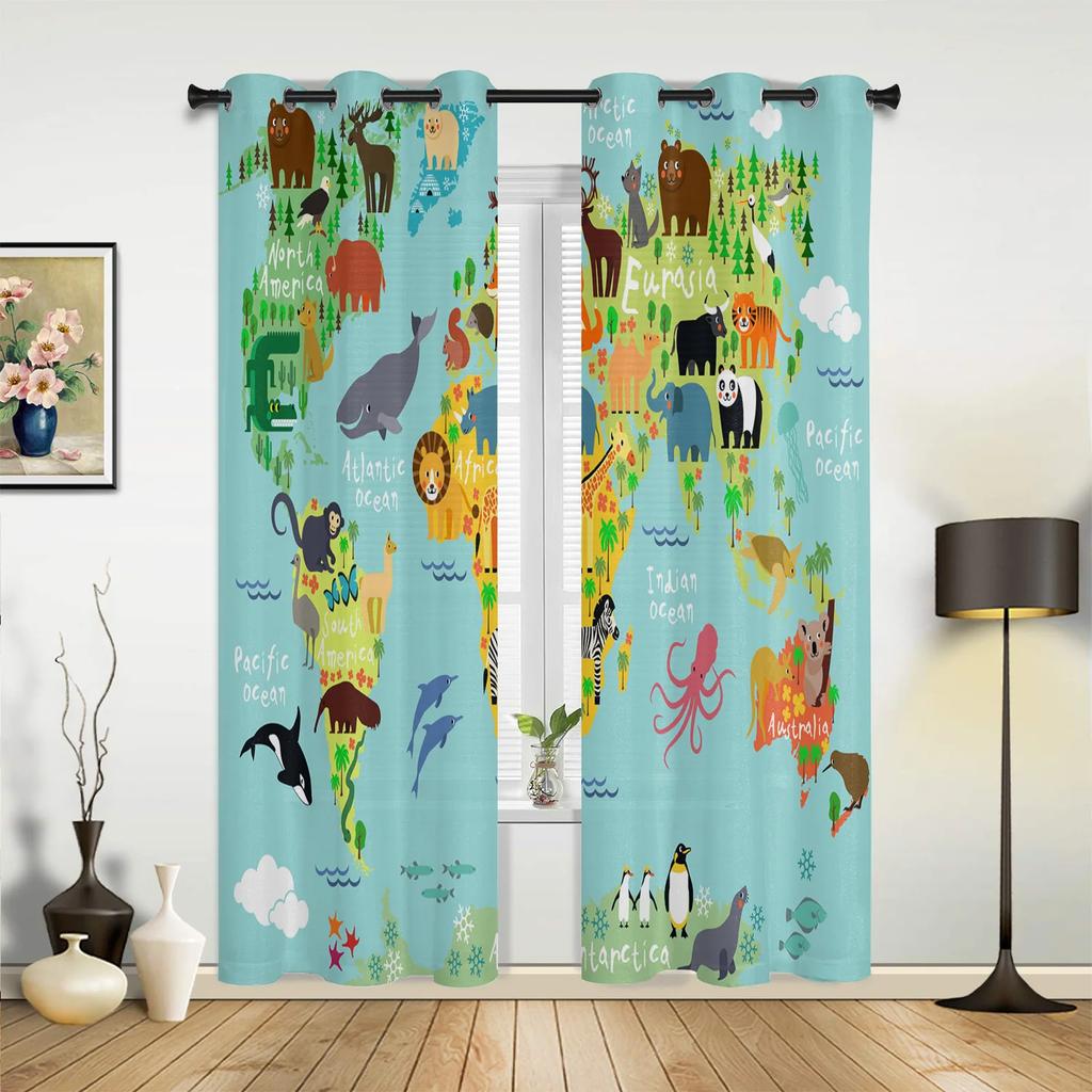 Jungle Forest Cartoon Animal Lion Elephant Curtains Bedroom Living Room Drapes Kitchen Children Window Curtain Home Decor Polyester Ideal For
