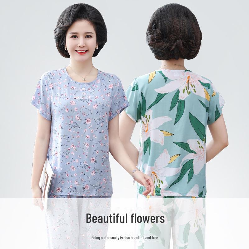 Pijamas de seda y algodón de verano para mujer: Conjunto holgado de dos piezas de manga corta para personas de mediana edad y mayores, talla grande, ideal para exteriores.
