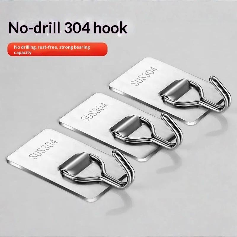 Stainless Steel No Drill Adhesive Wall Hooks Waterproof Self Sticky Hanging Hooks for Kitchen Bathroom Office Use