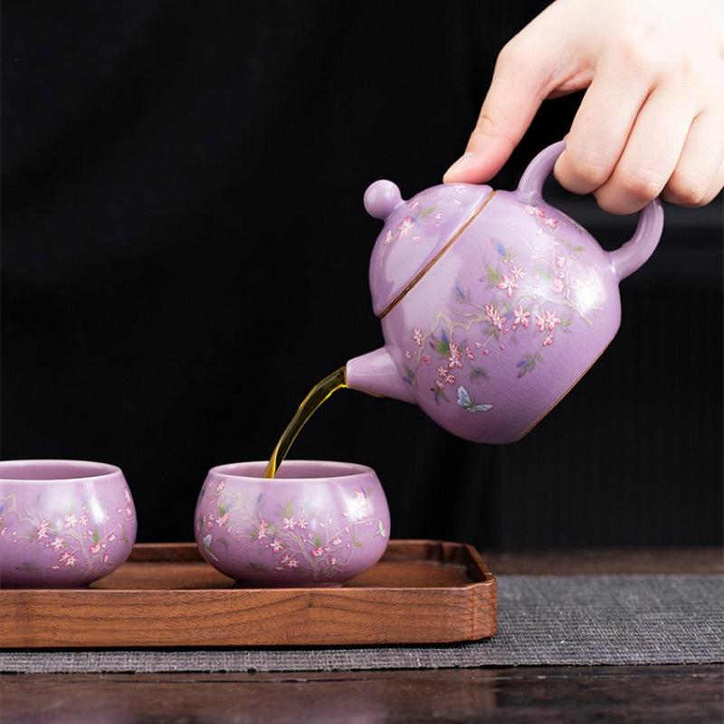 Purple Ru Kiln Ceramic Travel Tea Set One Pot Two Cups Portable Kuaike Cup Outdoor Tea Breaker Teacup
