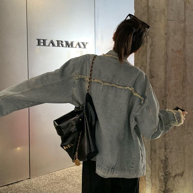 Giacca di jeans vintage retrò con bordo grezzo per giacca da donna a maniche lunghe dal taglio ampio primaverile e autunnale