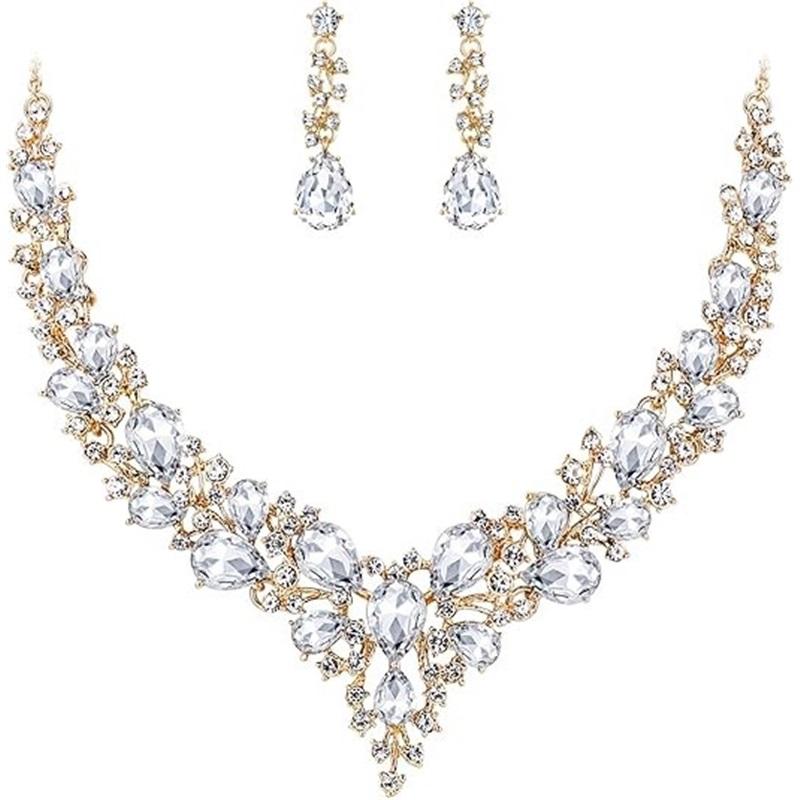Newlywed Rhinestone Crystal Necklace And Earrings Set - Luxurious Jewelry Set For Ladies' Dance And Banquet Events