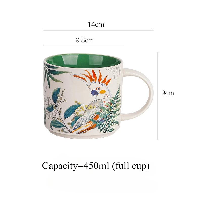 

Керамическая кружка с цветочным узором и птицами, кружка ручной работы для дома, кофейные кружки большой емкости, устойчивые к ожогам, чашка для завтрака, овсянки, молока, чая 450ml зелёный