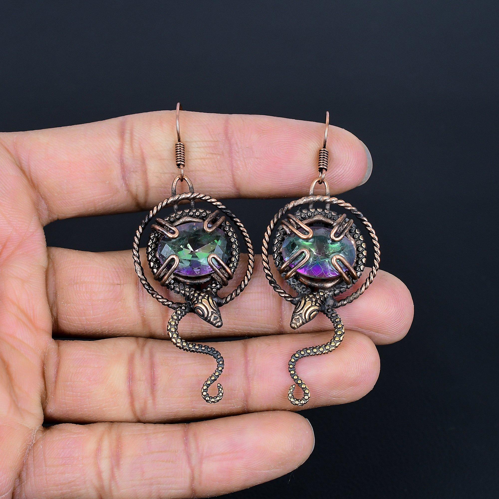 

Mystic Topaz 999 Copper Wire Wrapped Earrings, Handmade Gemstone Jewelry Earrings, For Memorial Day 2.55 Inches