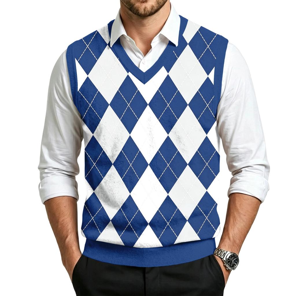 Men's Casual V-Neck Wool Knit Sweater Vest with Christmas Plaid Print