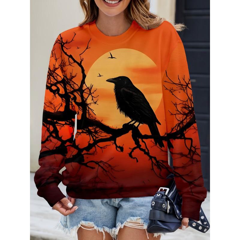 Womens Casual Hoodie With 3D Halloween Print Round Neck Lightweight Breathable Fabric