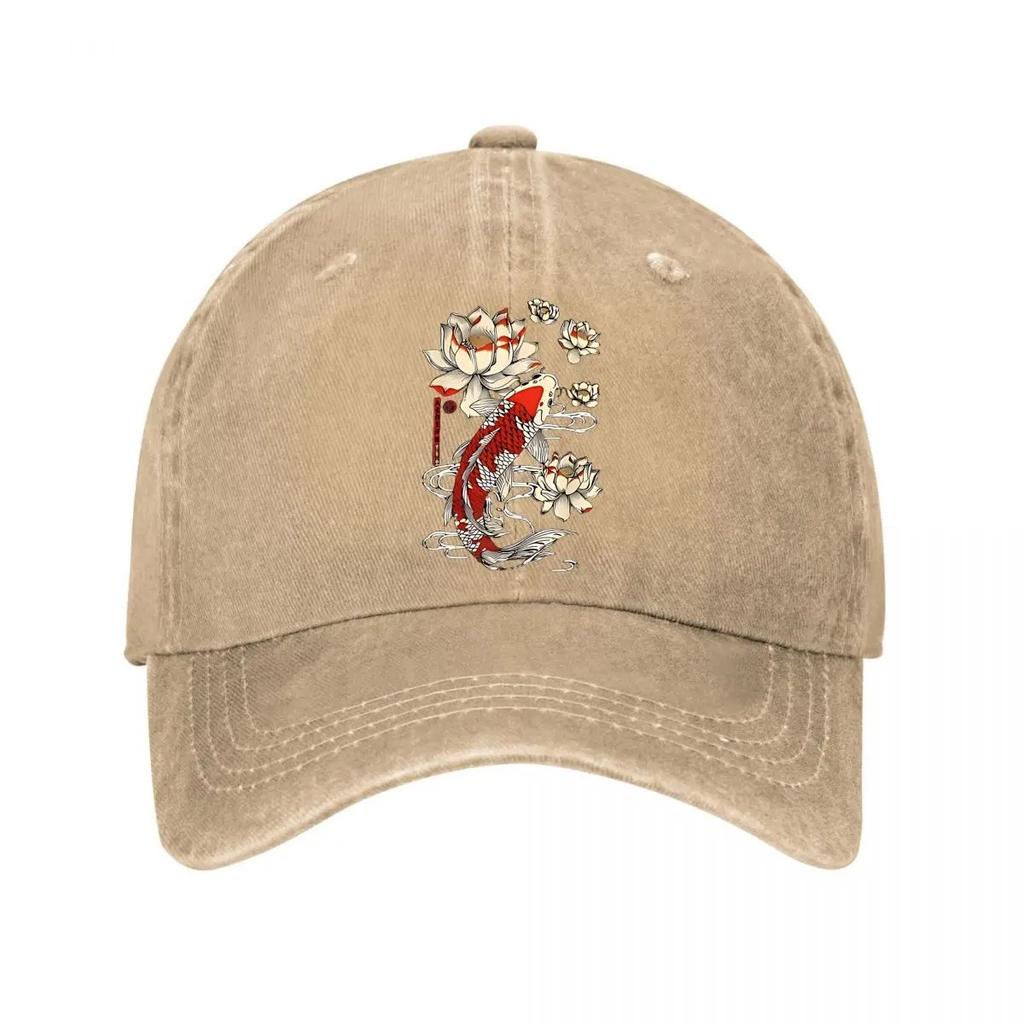 Koi-Fisch Lotus Grafik Gewaschene Baumwolle Baseballkappe Verstellbar Streetwear Hut