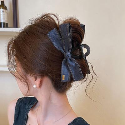 Fabric Bow Hairpin Korean Fashion Denim Back Head Grab Clip Simple Fashion Versatile High-end Hair Accessories Women