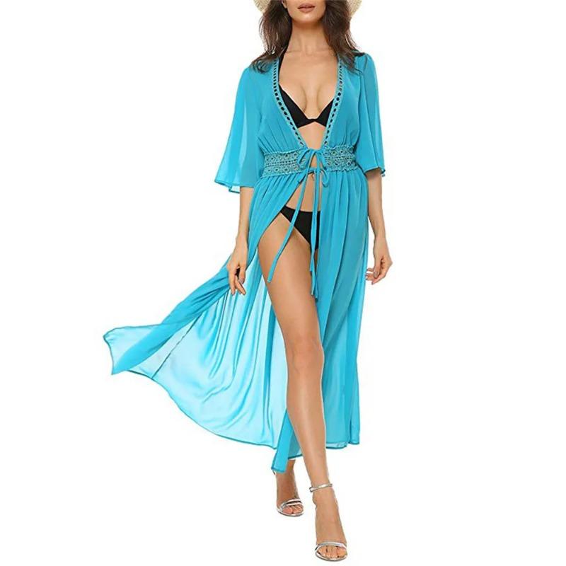 Abito da spiaggia taglie forti S-3XL per donna nero solido bianco pizzo abbigliamento da spiaggia protezione solare vestiti maglia copricostume da spiaggia per donna
