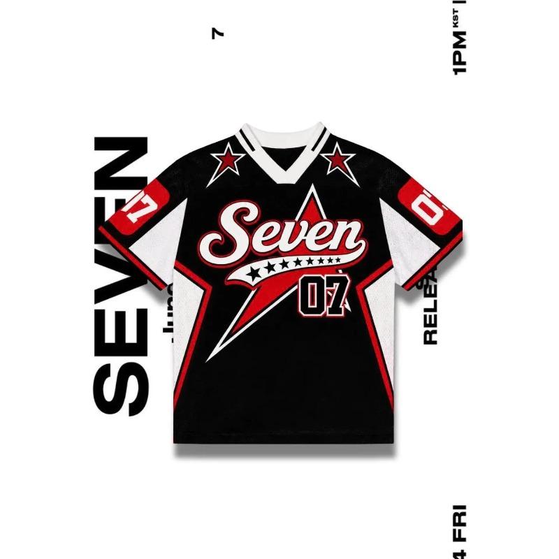 Black Red Star Mesh Jersey JUNGKOOK 97 Seven 07 Lightning Print V Neck Oversized Breathable Kpop Fan Concert Short Sleeve Top