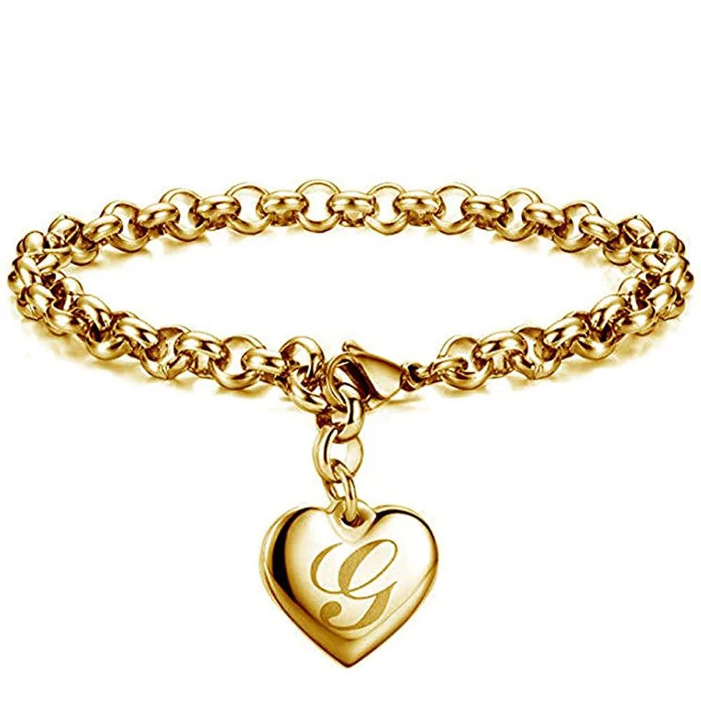 1 StückNeuer Goldfarbener Initialbuchstabe Herzanhänger Armbänder Für Frauen Edelstahl Gliederkettenarmband Mit 26 Buchstaben Graviert