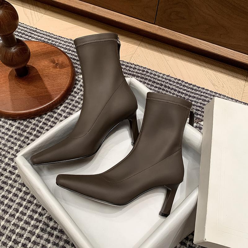 European and American Fashion Temperament Elastic Thin Boots 2025 Autumn New Square Head Thin Heel Rear Zipper High Heel Small Short Boots Women