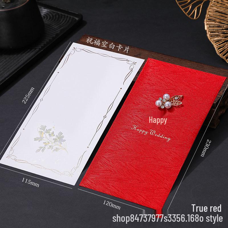 Elegant Satin Red Envelope with Chinese Character, Pearl Stamping, and Greeting Card – Perfect for Weddings