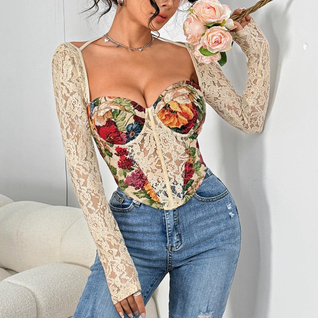 Women's Summer Niche Vintage Flower Wrap Lace Sexy Lace Up Top