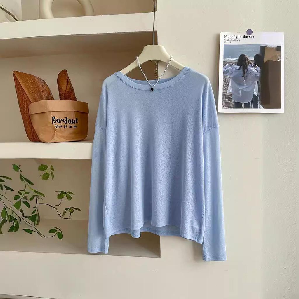 Bluză de vară pentru femei, culoare bomboană, cu mâneci lungi, largă, din mătase de gheață, protecție solară