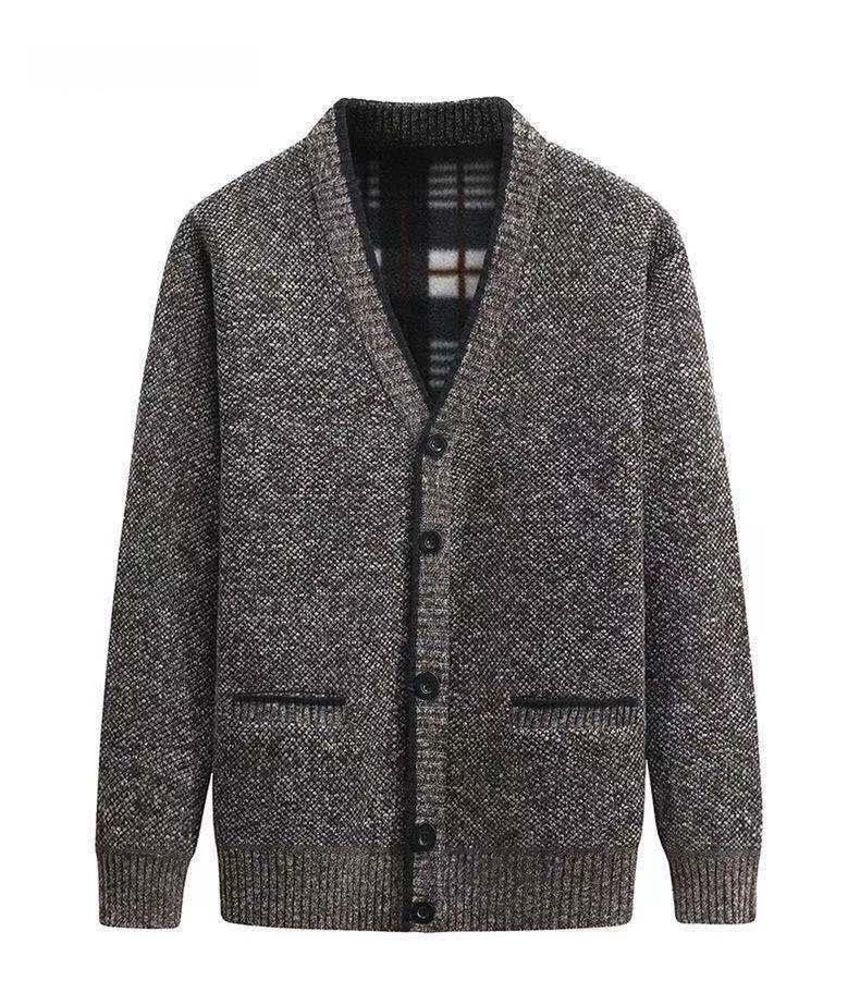 Men's Winter Thickened V-Neck Plus Velvet Sweater Cardigan for Middle-Aged & Elderly