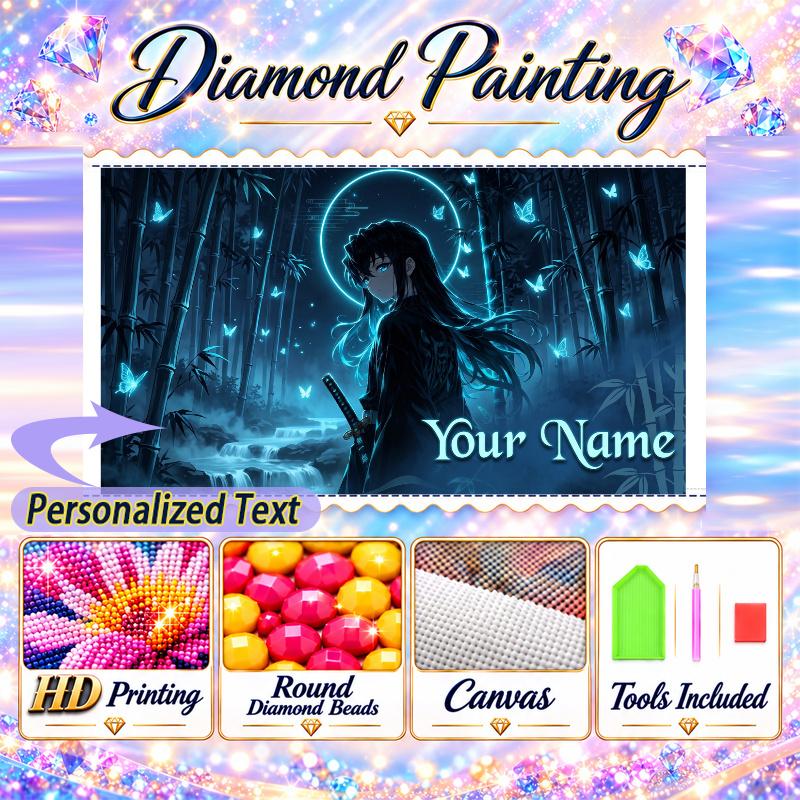 Muichiro Tokito 5D DIY Diamond Painting Custom Name Text, Full Drill Rhinestone Mosaic Art Home Gift
