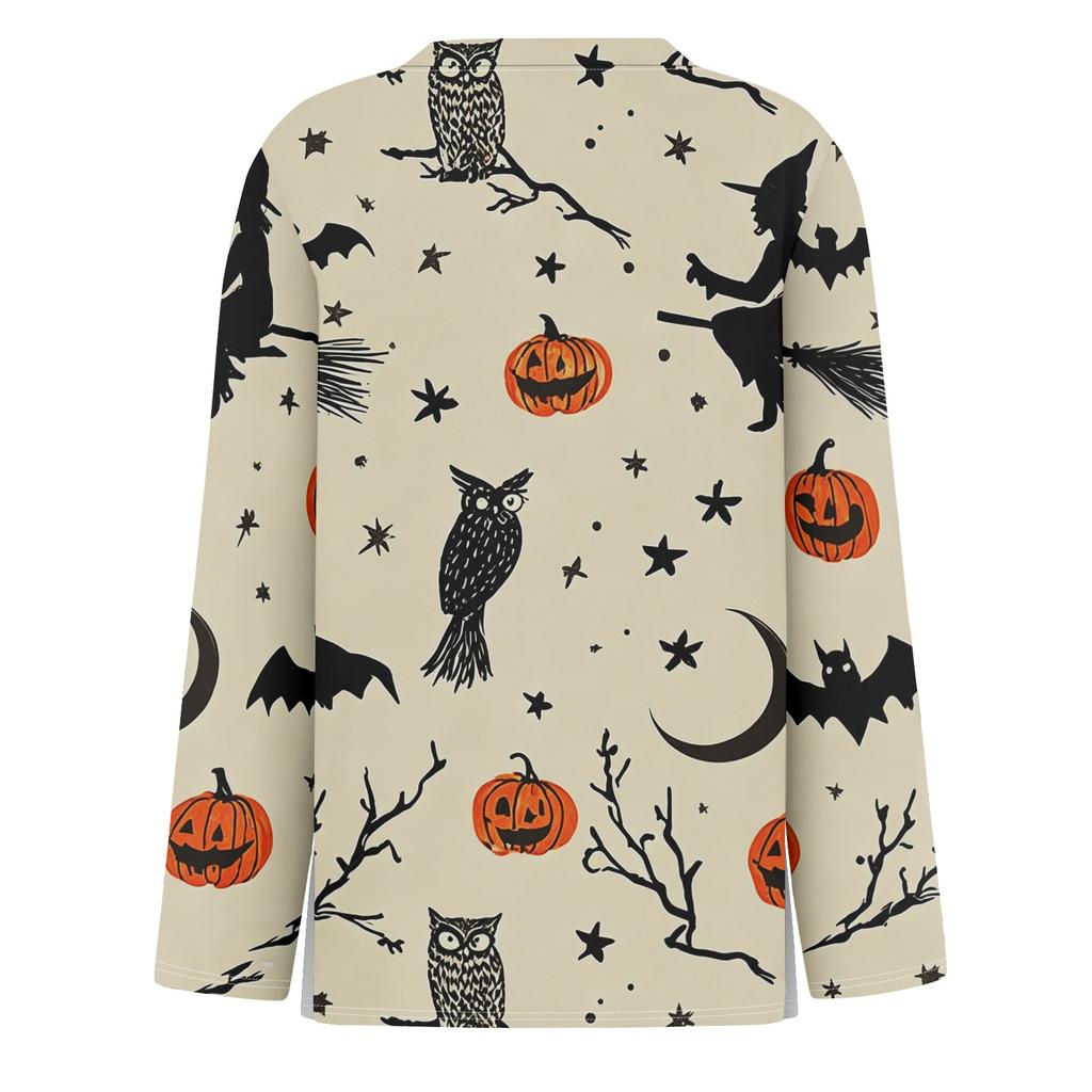 Women's Halloween Print Long Sleeve Top with Round Neck and Hem Slit