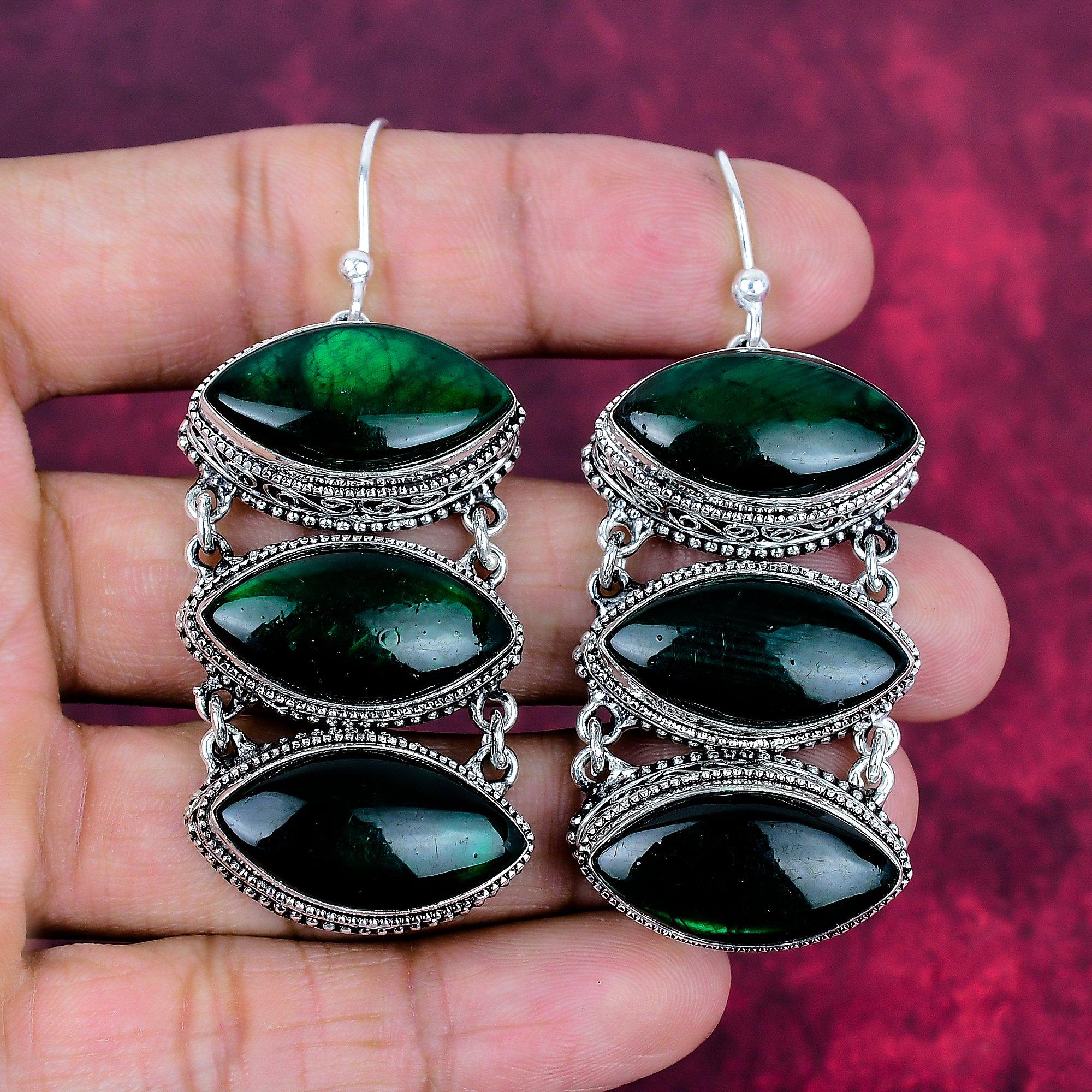 

Серьги из чистого серебра 925 пробы с зеленым лабрадоритом, серьги с драгоценными камнями ручной работы, подарки для жены, абсолютно новые серьги 2.83 Inches зелёный