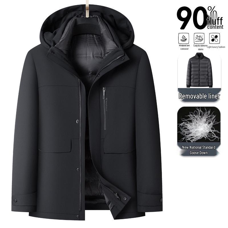 Men's Hooded Down Jacket with Removable Liner, 3-in-1 Design for Middle-Aged and Elderly.