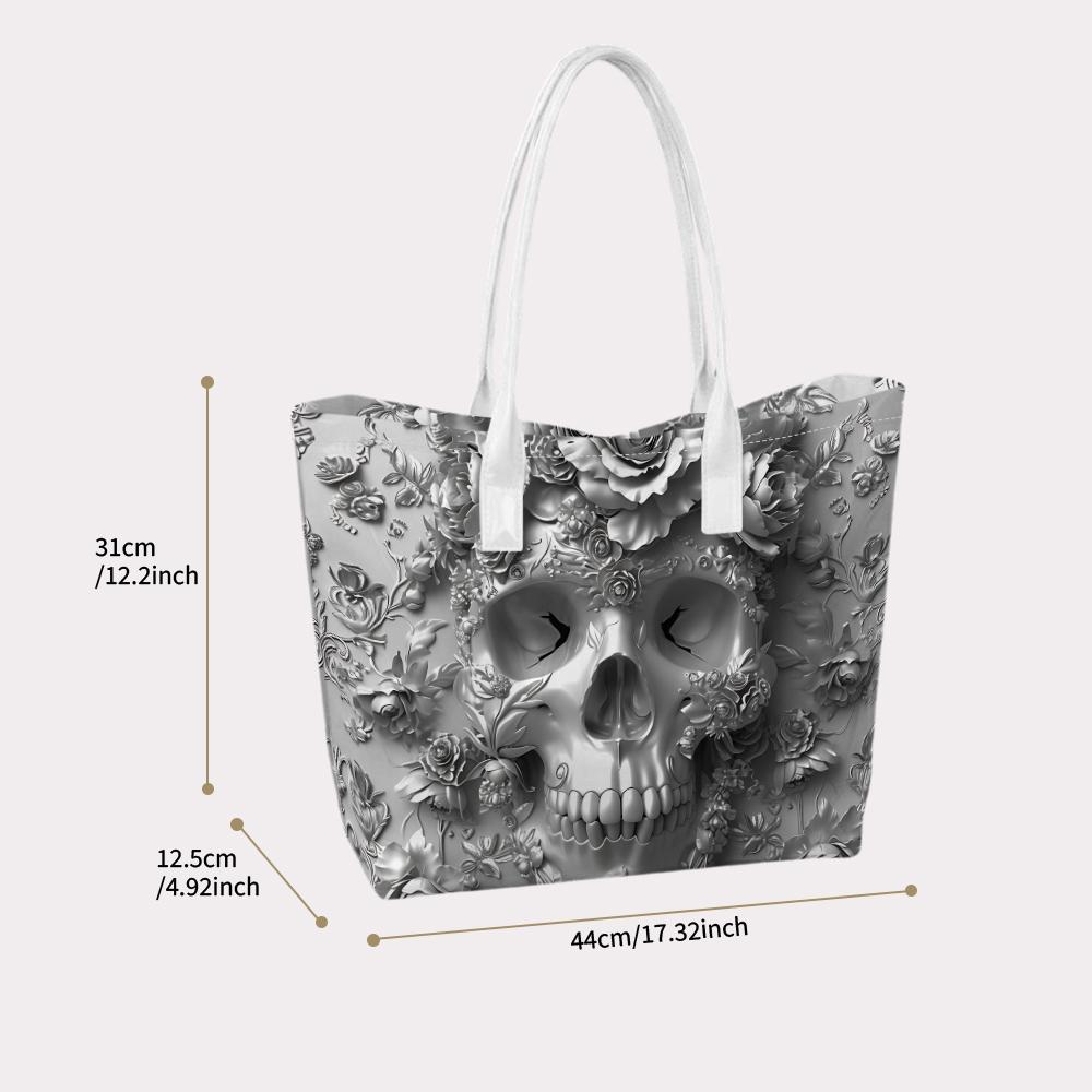 Grey Skull Rose Embossed Stylish Tote Bag for Daily Casual Carry