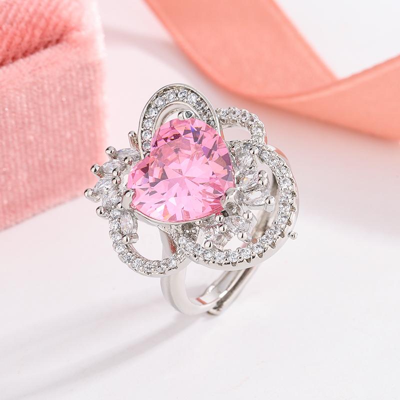 

Romantic Cherry Blossom Pink Heart-Shaped Zircon Ring for Women 925 Silver Plated Fashion Jewelry Perfect for Parties Wedding