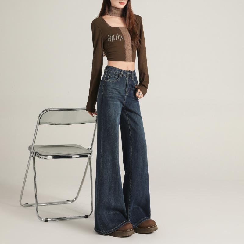 High waist does not stick to the legs, slightly pulled jeans for women, loose flared wide-leg pants in autumn and winter, slightly pulled jeans for