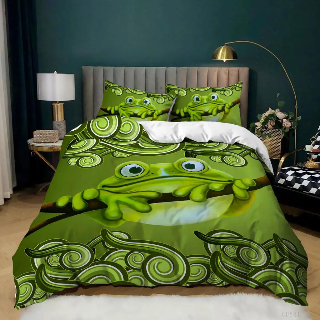 Comforter Frog Bedding Set King Size Funny Frog Tropical Amphibian Duvet Set For Kid 3D Tropical Nature Animal For Home Decor