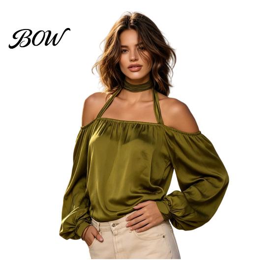 Breathable Women Shirts Summer Off-Shoulder Shirt, Long Sleeve Casual Halter Top, Shirt Solid Color Loose Satin Blouse for Daily Office