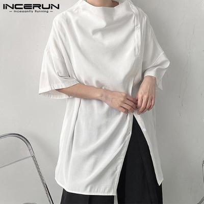 Spring Men's Loose Short Sleeve Splits Irregular High Neck Hip Hop Long Tops